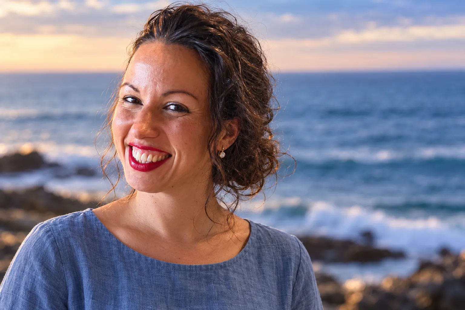 Ana Arriaza sonriendo junto al mar