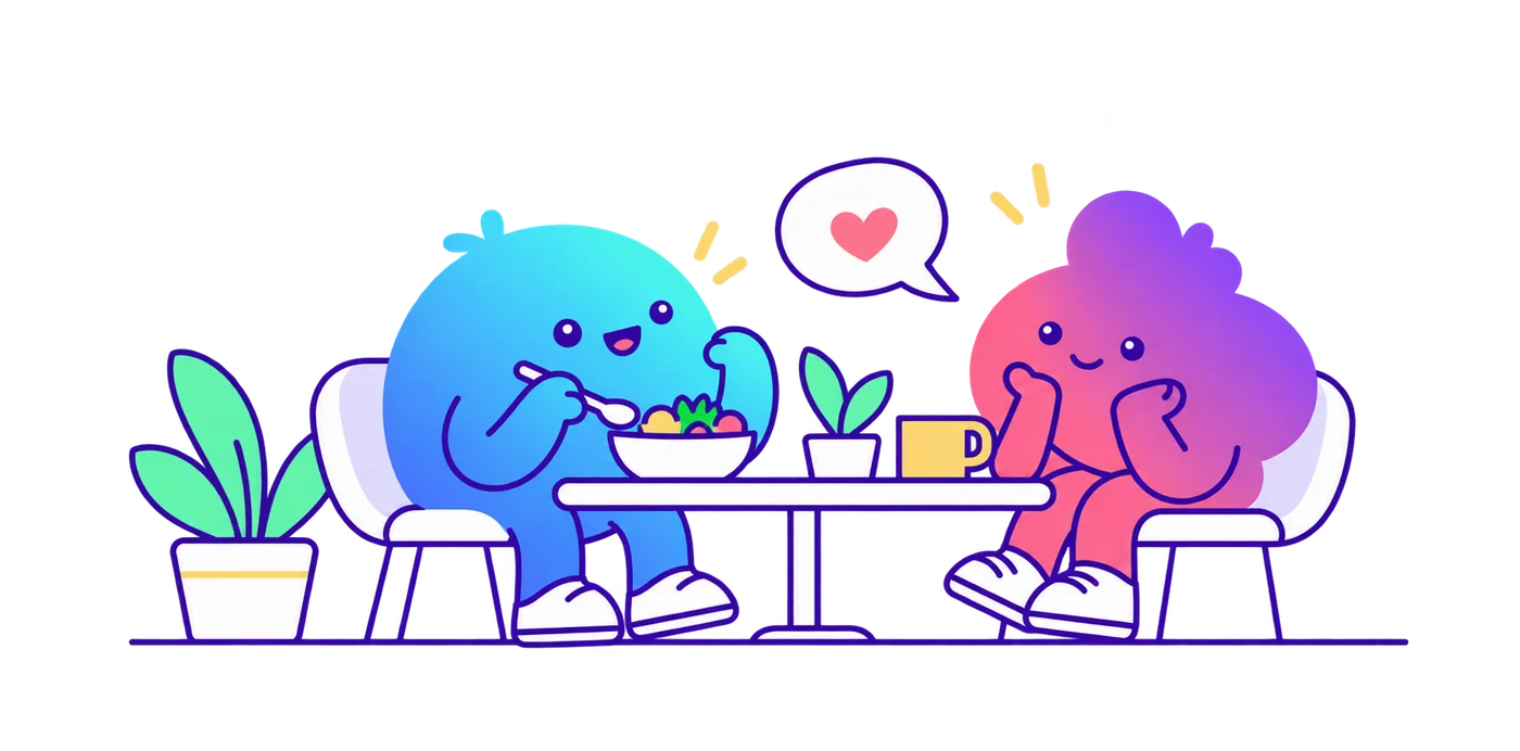 Personajes comparten una mesa en un entorno de escucha y cuidado.