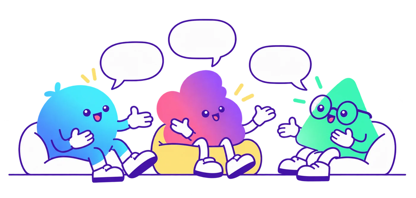 Tres personajes practican la conversación y la escucha.